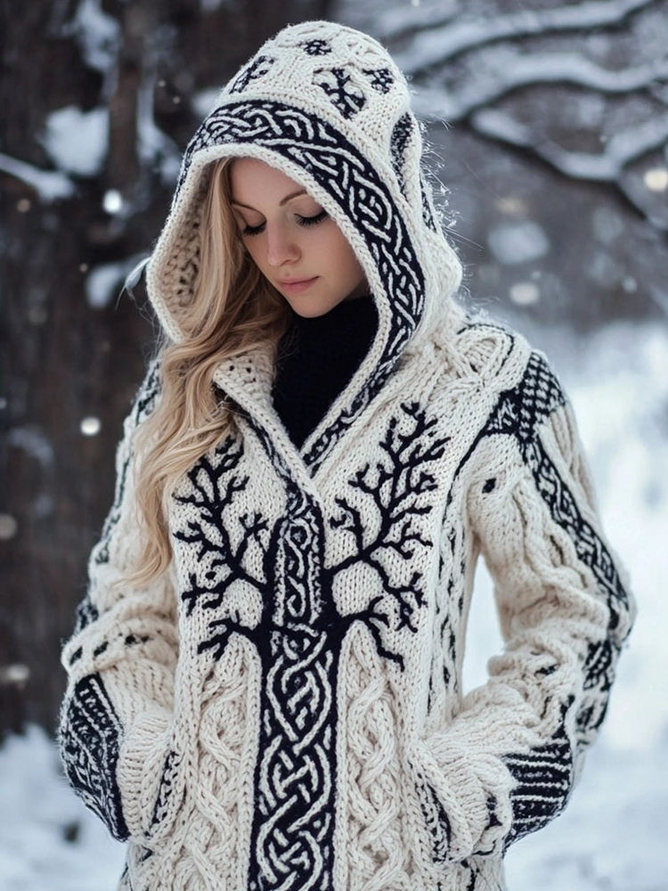 Women's Viking Inspired Celtic Knot Jacquard Knit Hooded Cardigan artswardrobe