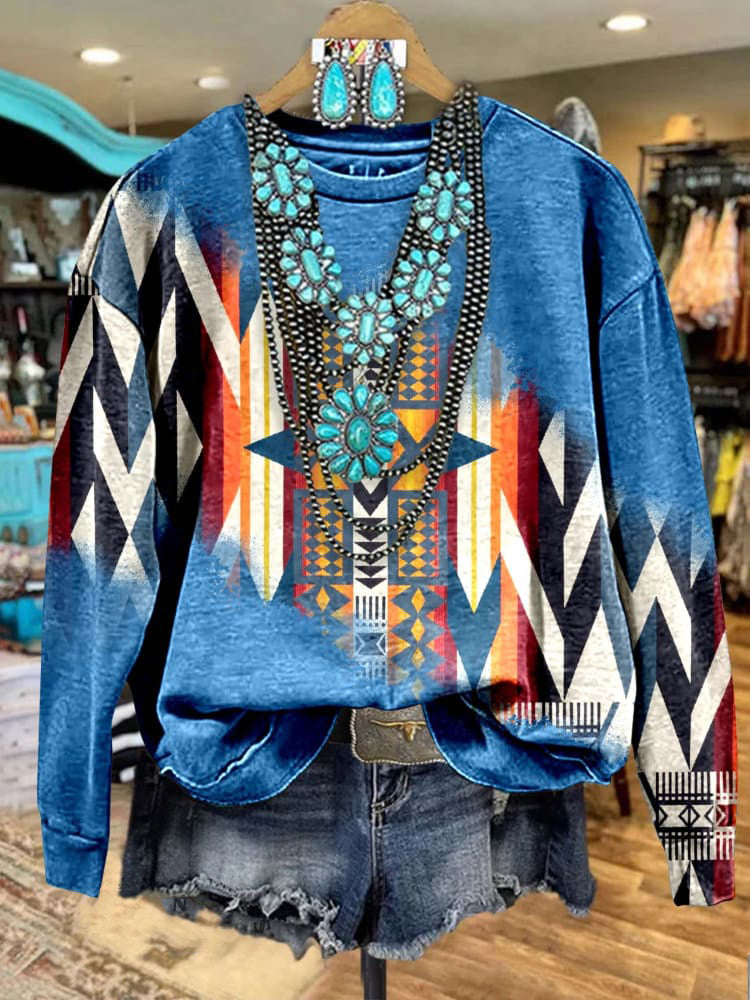 Comstylish Blue Aztec Print Casual Sweatshirt