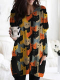 Colorful Cats Knit Art Patch Pockets Cozy Tunic elevenforest