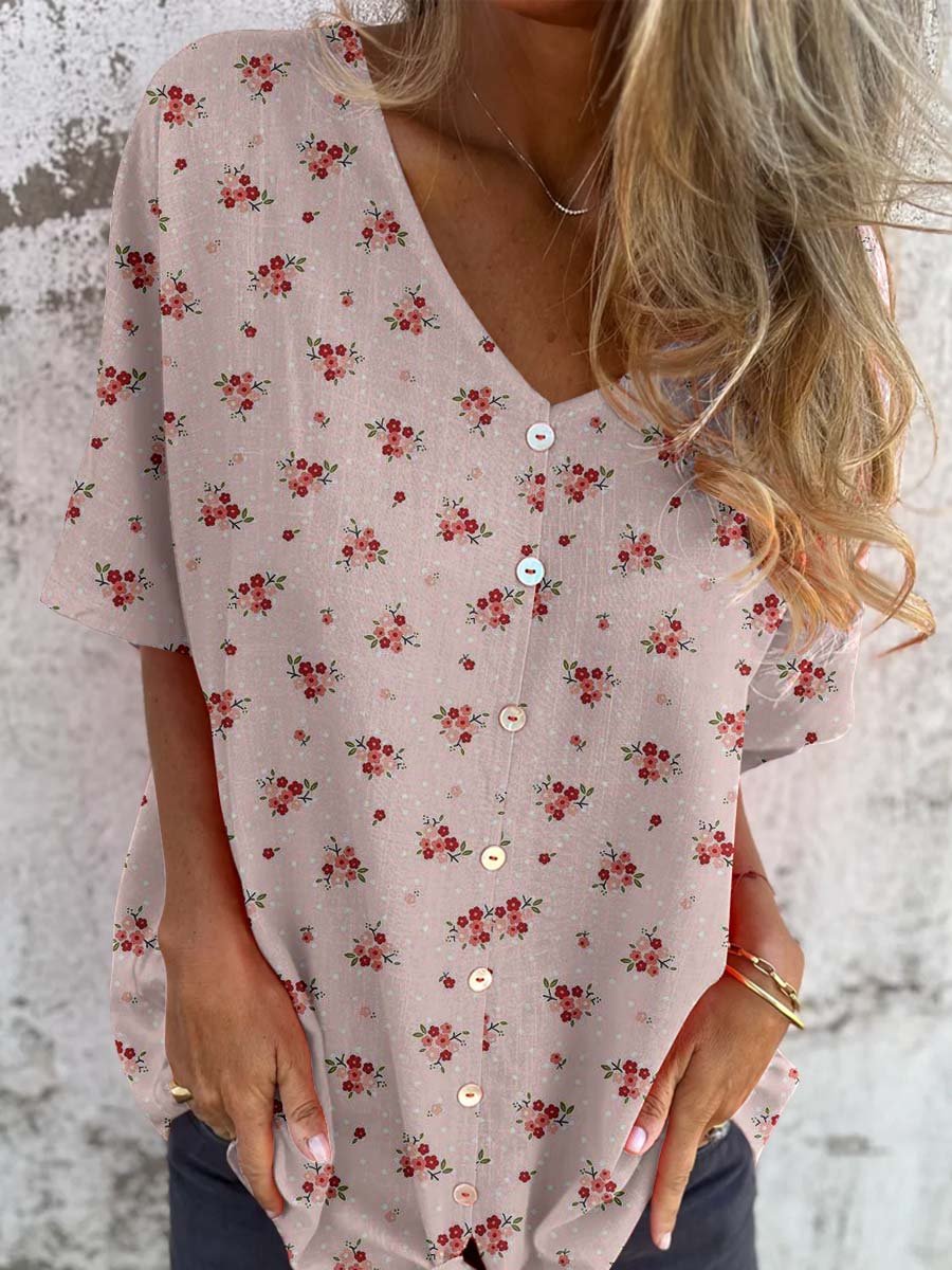 Women's Elegant Retro Floral Pattern Round Shirt Style Cotton and Linen Top