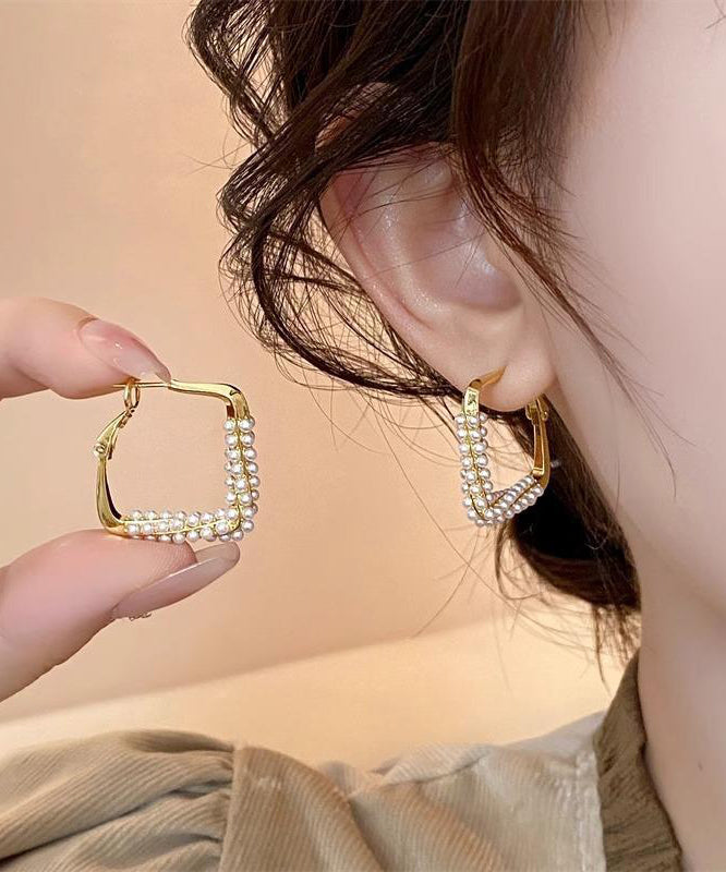 Gold Sterling Silver Overgild Inlaid Pearl Square Hoop Earrings