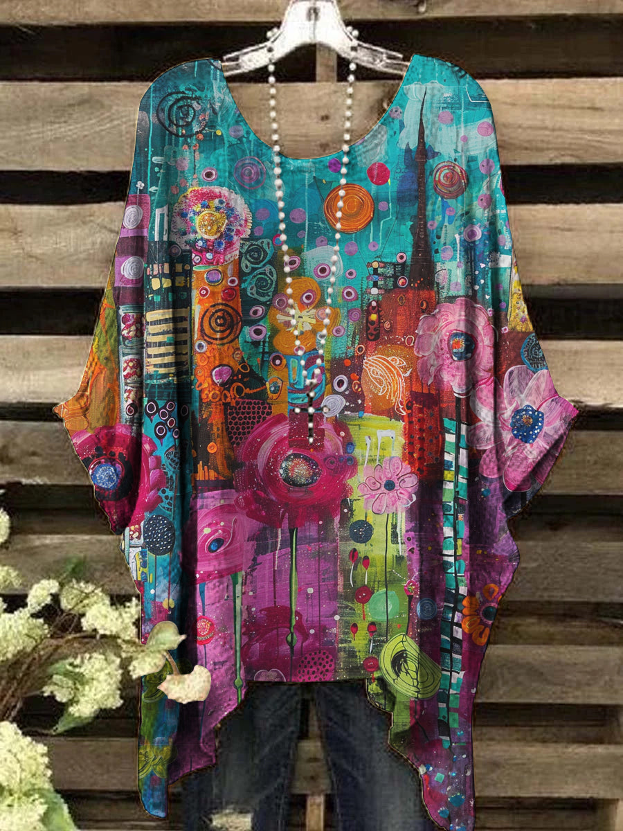 Women's Oil Painting Abstract Print Vintage Top