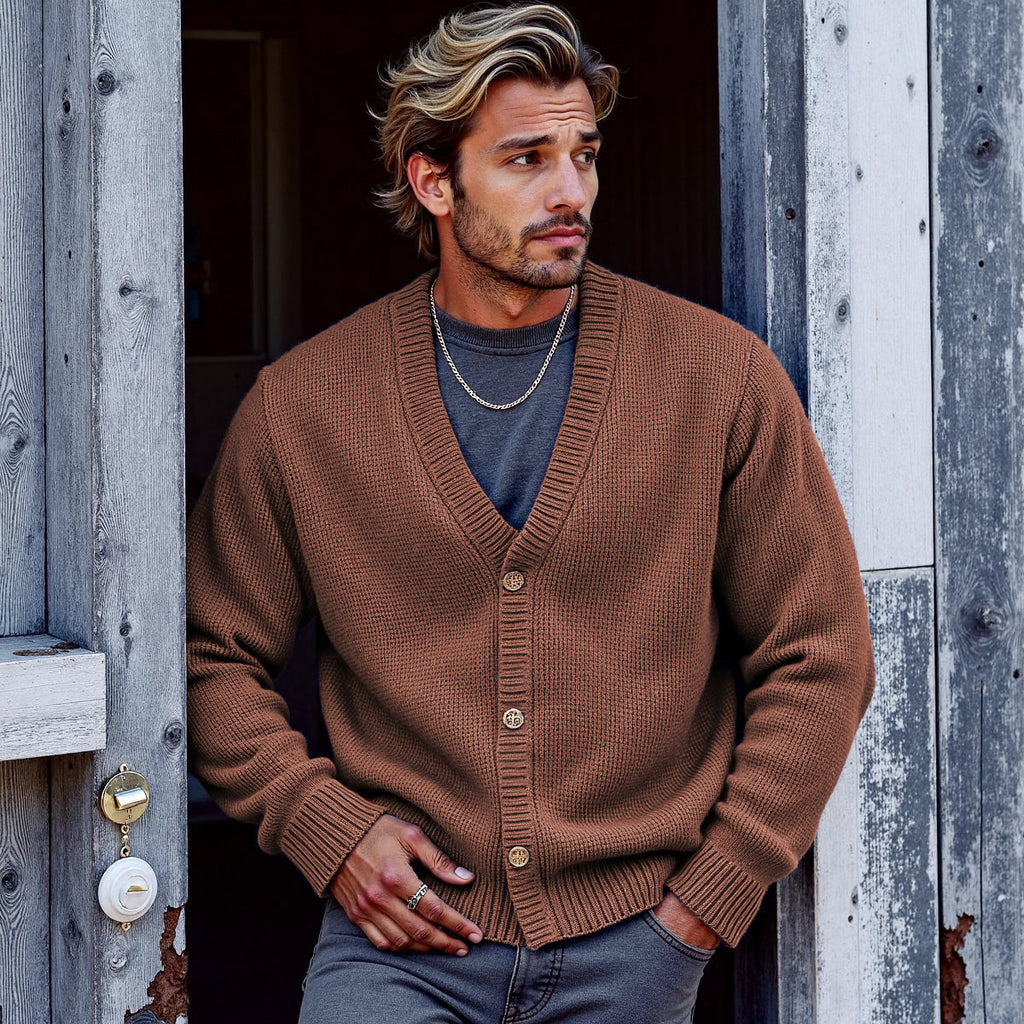 Men's Solid Color V-Neck Button Sweater Cardigan artswardrobe
