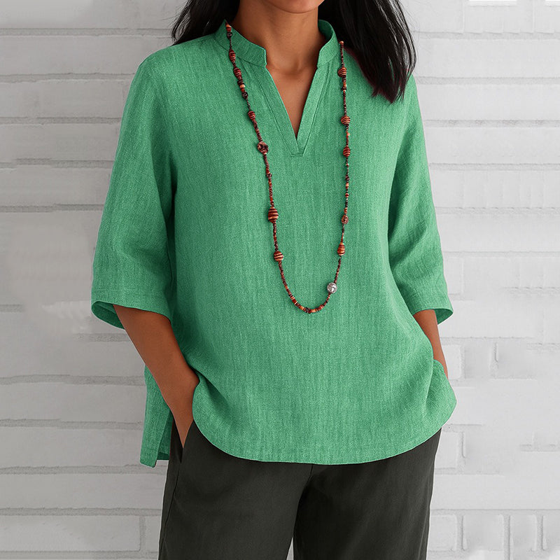 Comstylish Vintage Solid Color V-neck Linen Blend Shirt