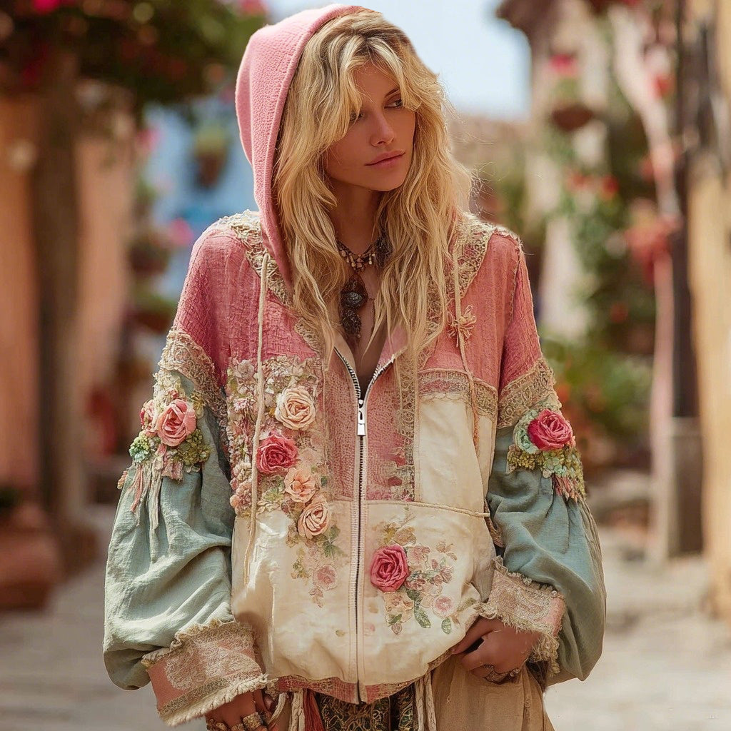 Comstylish Women's Floral Embroidery Color Block Boho Casual Zip-up Hoodie