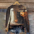 Women's Halloween Cat Print Crew Neck Long Sleeve Casual Sweatshirt elevenforest