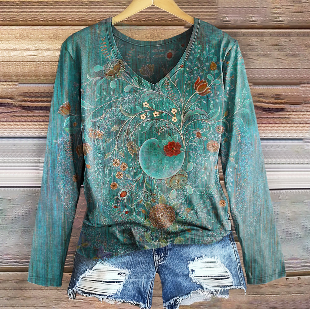 Women's Vintage Floral Art Print Casual V-neck Long Sleeve T-shirt
