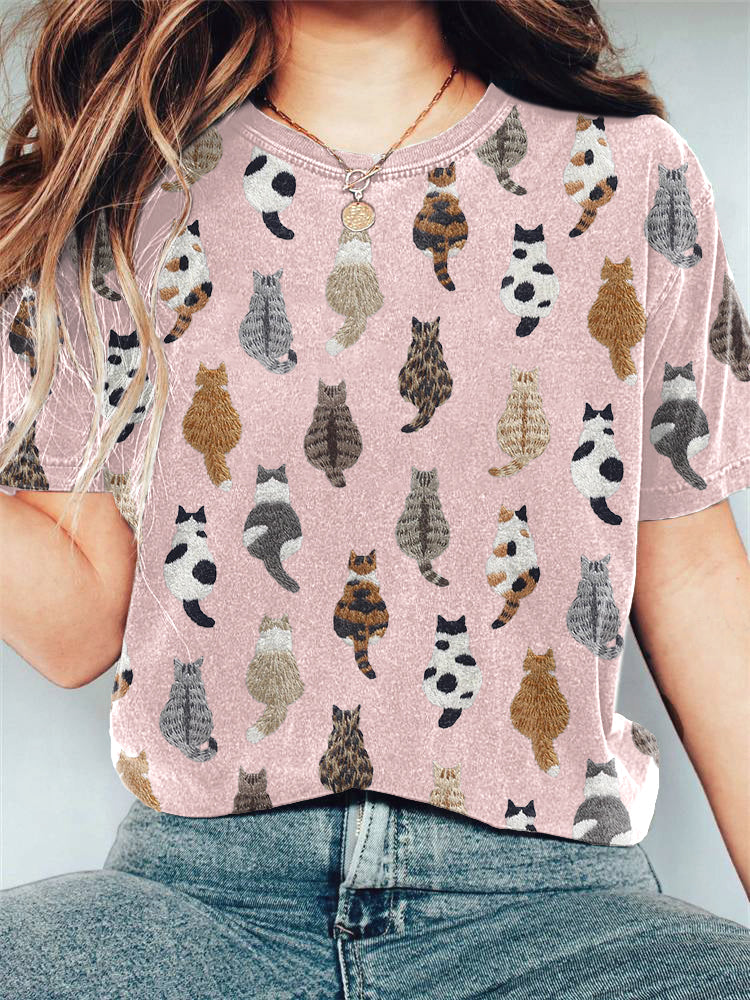 Cute Cats Embroidery Pattern Casual Cotton T-Shirt elevenforest