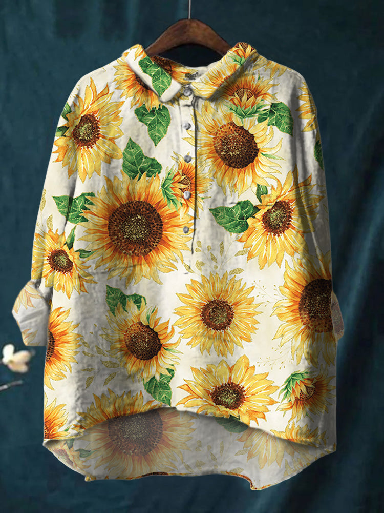 Women's Casual Sunflower Print Cotton And Linen Shirt