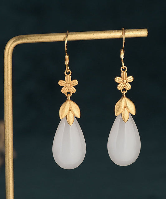 Classy White Ancient Gold Jade Water Drop Drop Earrings