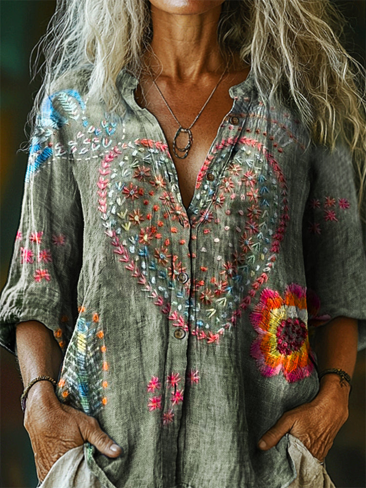 Women's Vintage Bohemian Floral Love Art Print Casual Cotton Linen Shi