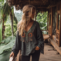 Comstylish Boho Sunflower Tribal Embroidery Print Cotton And Linen Blend Loose Blouse