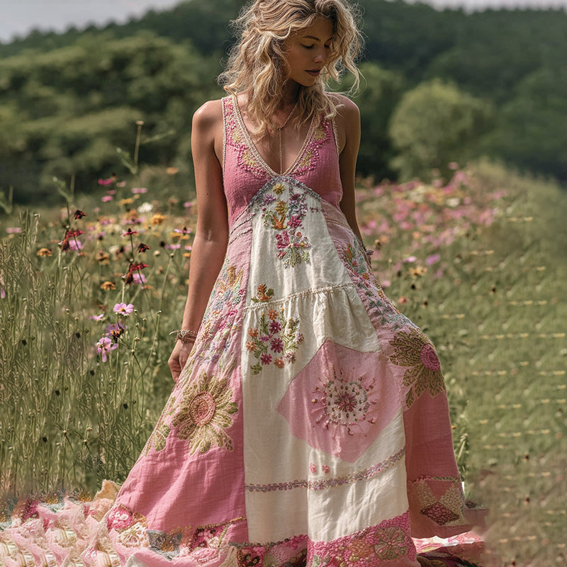 Women's Embroidered Quilted Beaded Patchwork Maxi Dress artswardrobe