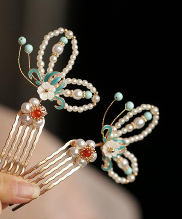 Colorblock Copper Pearl Crystal Cloisonne Butterfly Hairpin