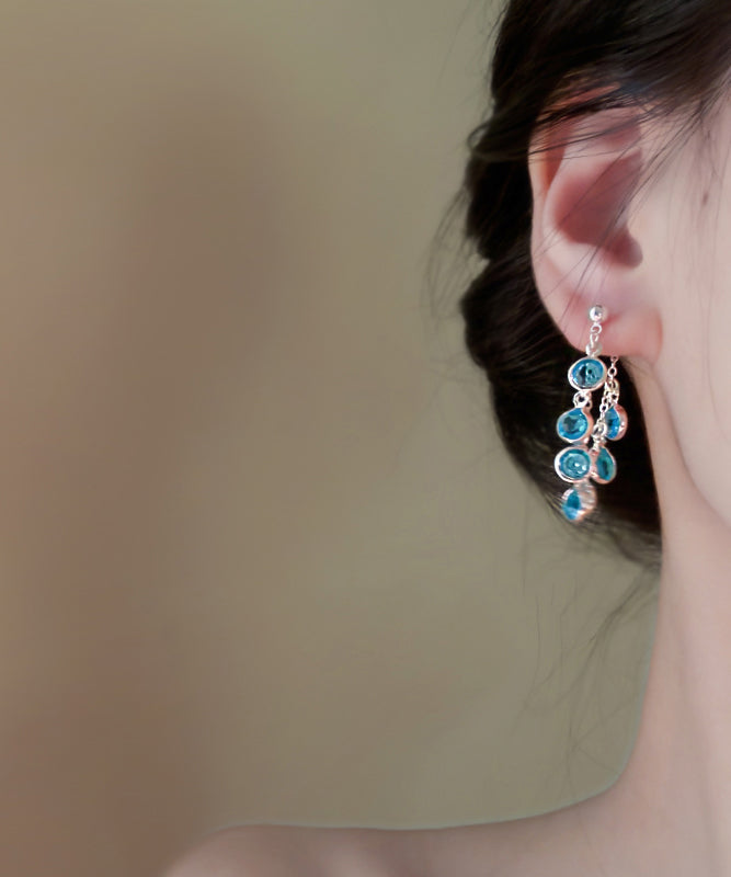 Blue Copper Crystal Bunch of Grapes Tassel Drop Earrings