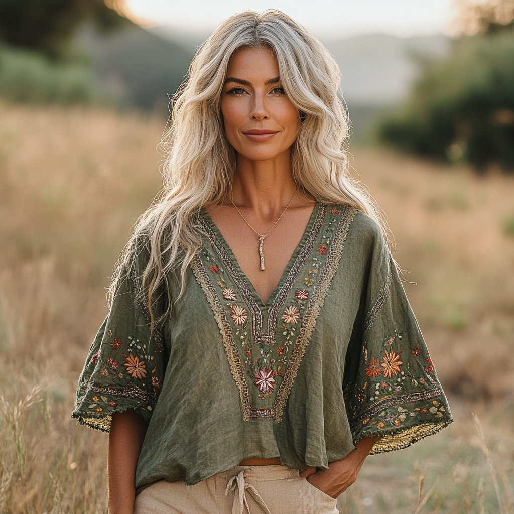 Women's Bohemian Retro Flowers Linen Blend Cozy T-shirt artswardrobe
