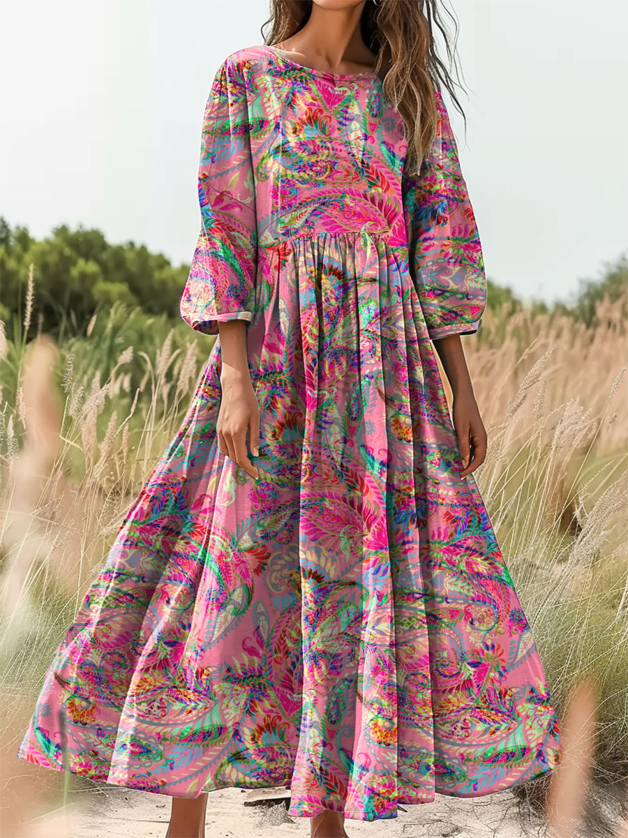 Women's Psychedelic Paisley Print Flowy Round Neck Pocket Cotton Dress