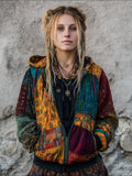 Comstylish Bohemian Hippie Patchwork Vintage Zip Up Cozy Hoodie