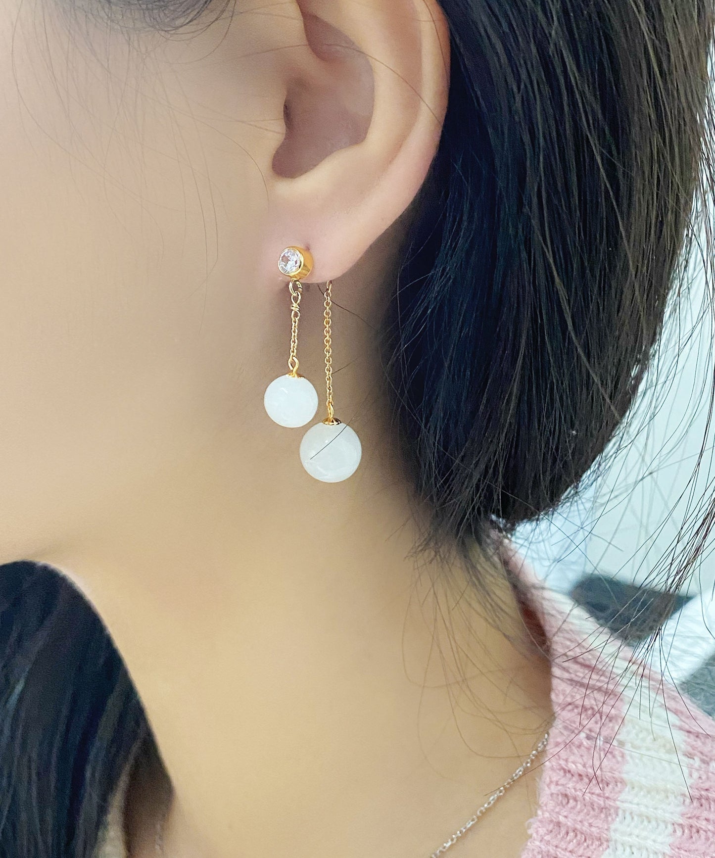 Boutique White 14k Gold Jade Zircon Tassel Drop Earrings