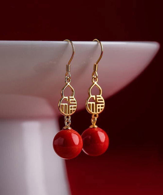 Red Sterling Silver Agate Gourd Drop Earrings