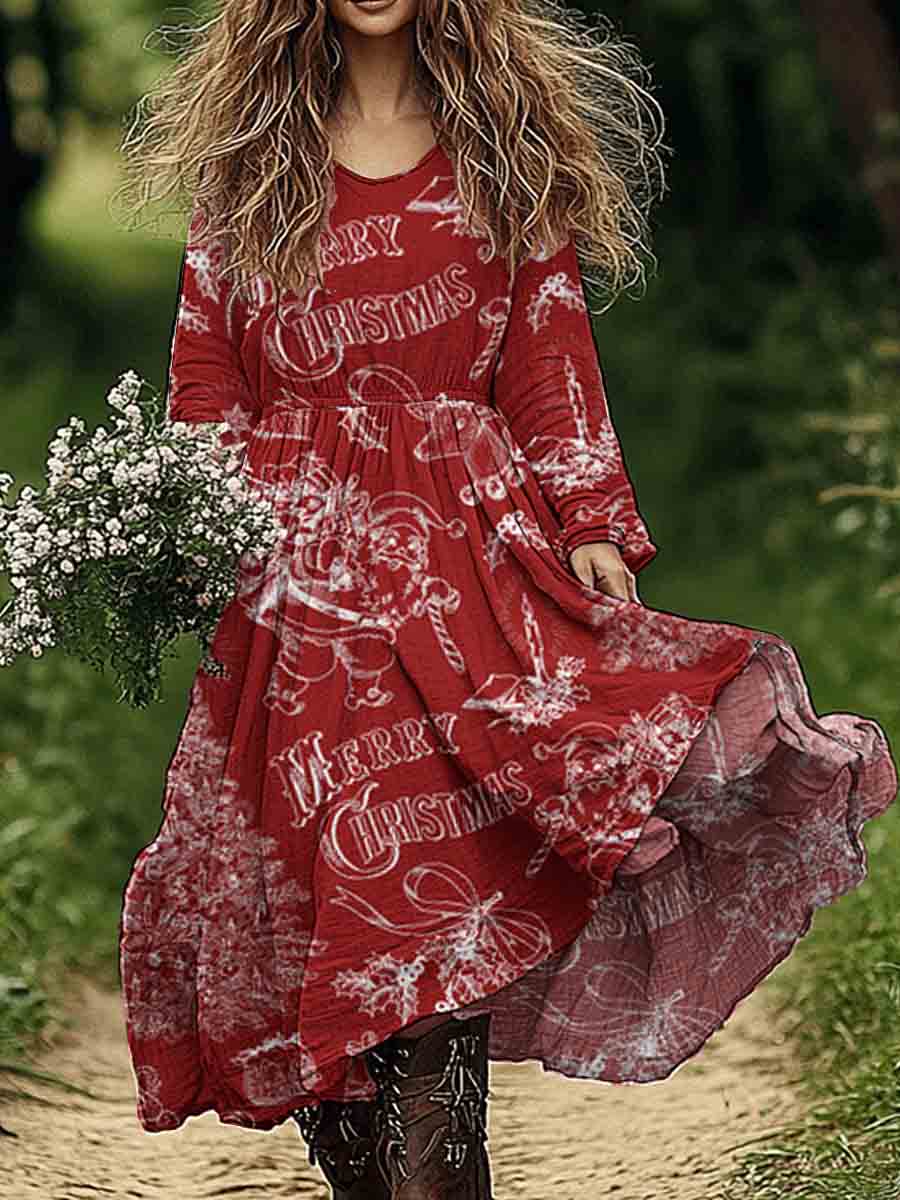 Women's Christmas Pattern Cotton and Linen Dress