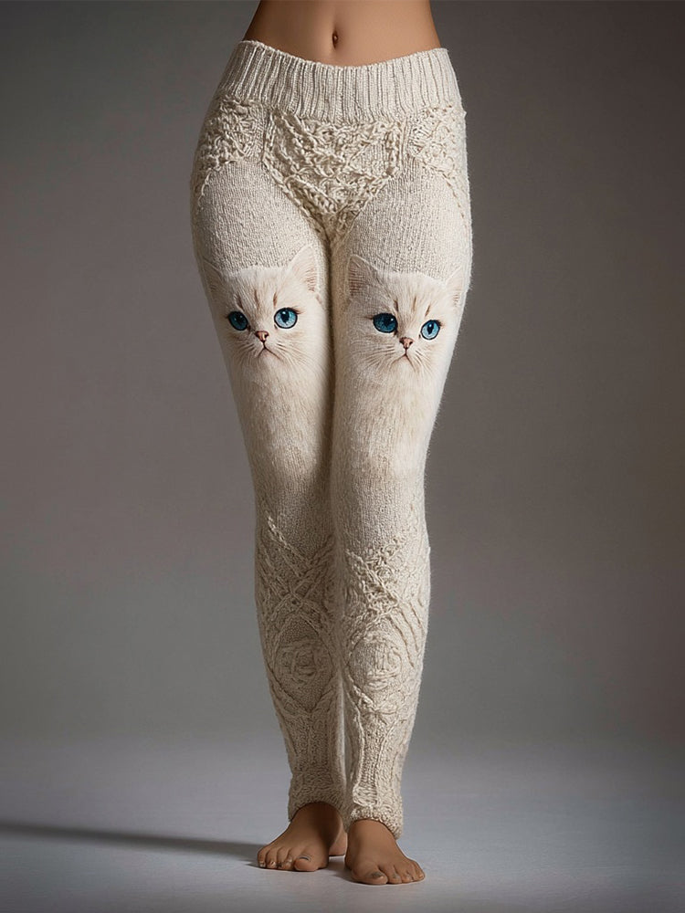 Comstylish Lovely Cat Face Jacquard Vintage Cozy Knit Leggings