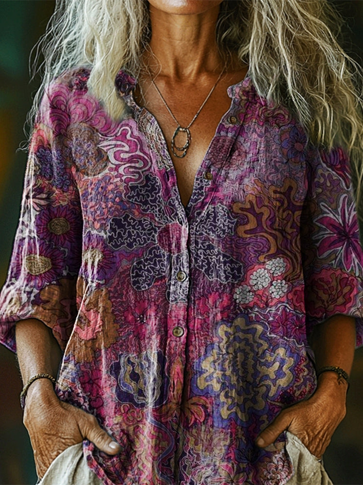 Women's Vintage Boho Floral Art Print Casual Cotton Linen Shirt