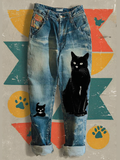 Japanese Art Style Lady Retro Cat Print Denim Jeans elevenforest