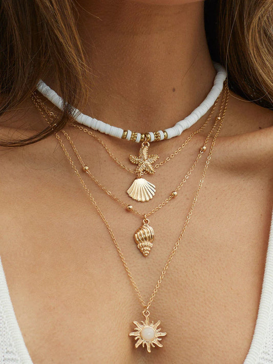 South Pacific Shell Starfish Multi-layer Necklace Gold