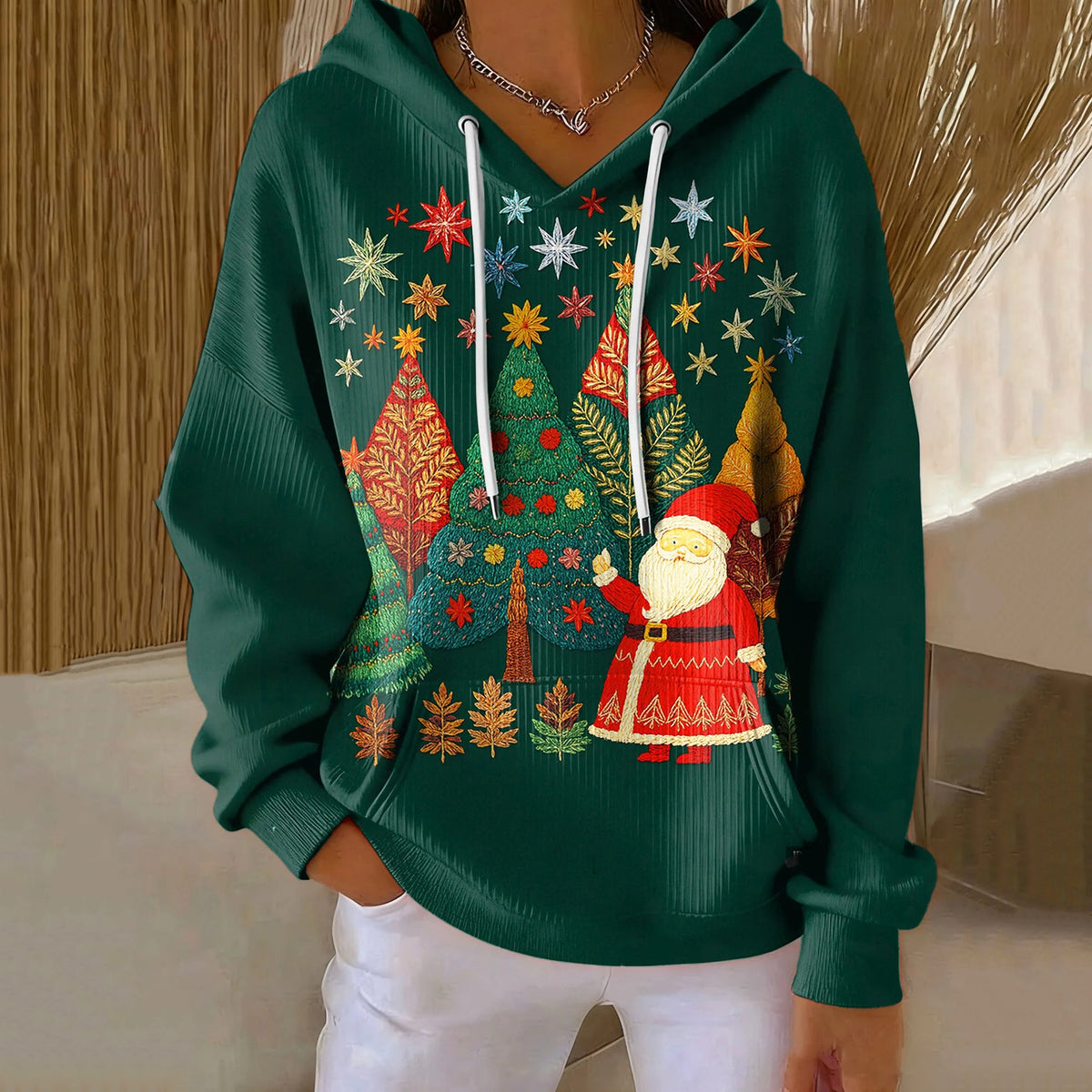 Comstylish Women's Vintage Christmas Santa Claus Art Print Casual Hoodie