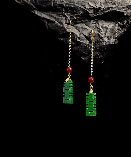 Dry Green Agate Sterling Silver Tassel Drop Earrings