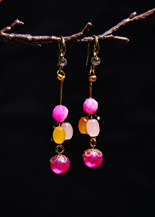 Multicolour Jade and Pearl Drop Earrings