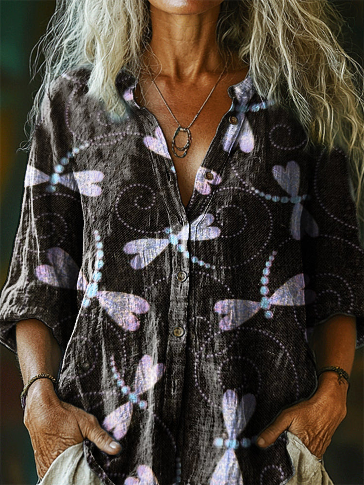 Women's Bohemian Dragonfly Art Print Casual Cotton Linen Shirt