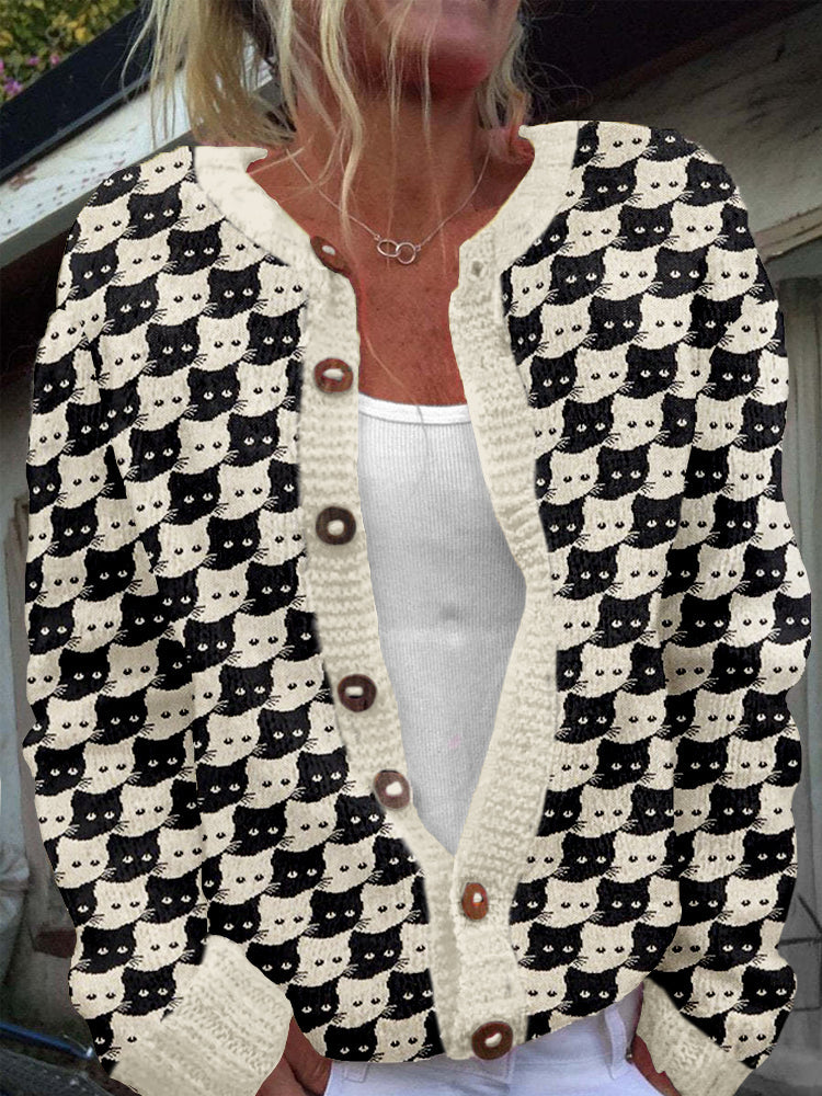 Lovely Cats Knit Art Crew Neck Cozy Cardigan elevenforest