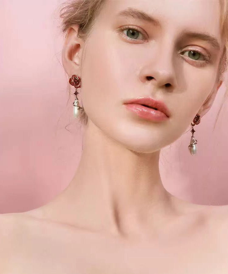 Red Sterling Silver Copper Overgild Pearl Rose Drop Earrings
