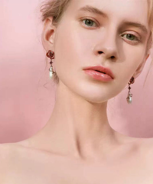 Red Sterling Silver Copper Overgild Pearl Rose Drop Earrings