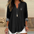 Comstylish Women's Ukraine Trident Print V-neck Long Sleeved Linen Blend Blouse