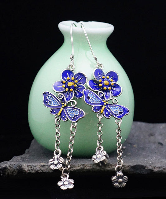 Diy Blue Sterling Silver Butterfly Tassel Drop Earrings