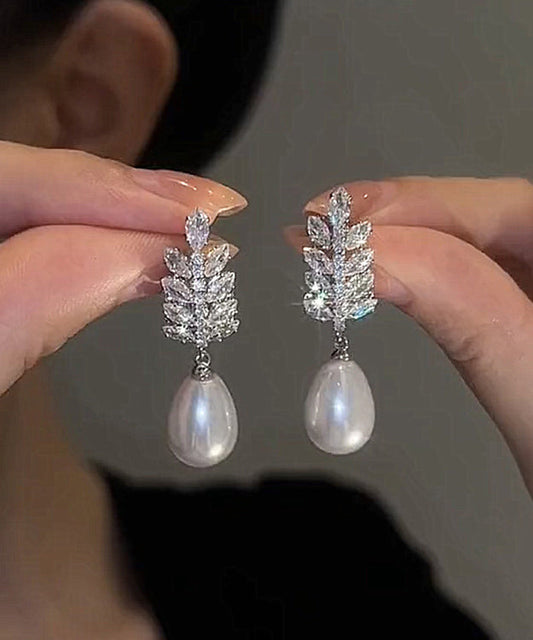 Exquisite Silver Needle Zircon Pearl Water Droplet Earrings