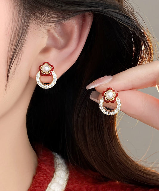 Red Copper Alloy Zircon Camellia Flower Stud Earrings