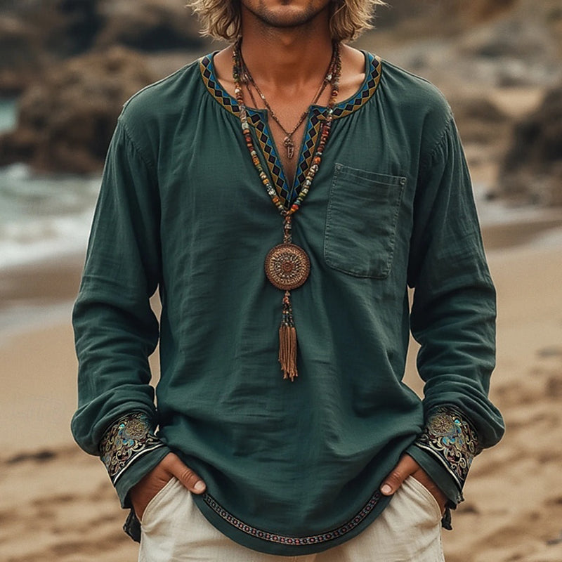 Men's Summer Beach Ethnic Style Art Print Linen T-shirt artswardrobe