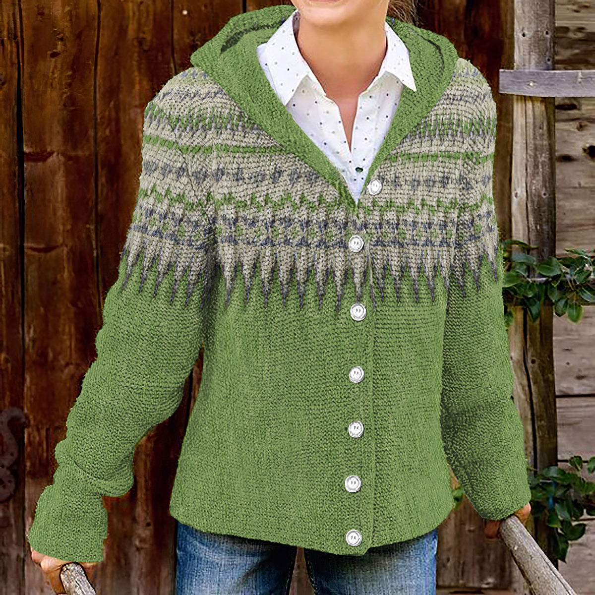 Vintage Geometric Print Knitted Button Hooded Cardigan elevenforest