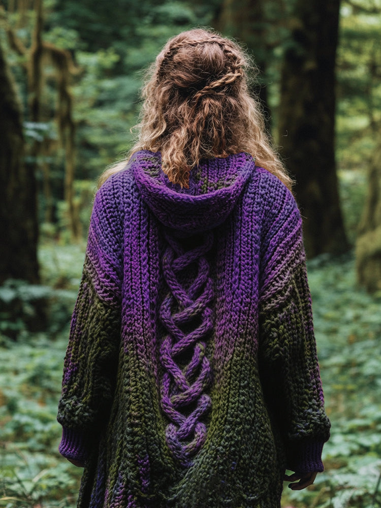 Women's Celtic Knot Retro Rainbow Chunky Knit Hooded Cardigan artswardrobe