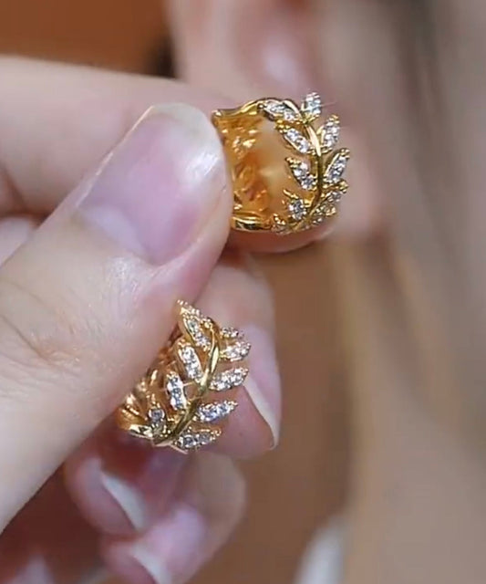 Gold Sterling Silver Overgild Zircon Ear of Wheat Hoop Earrings