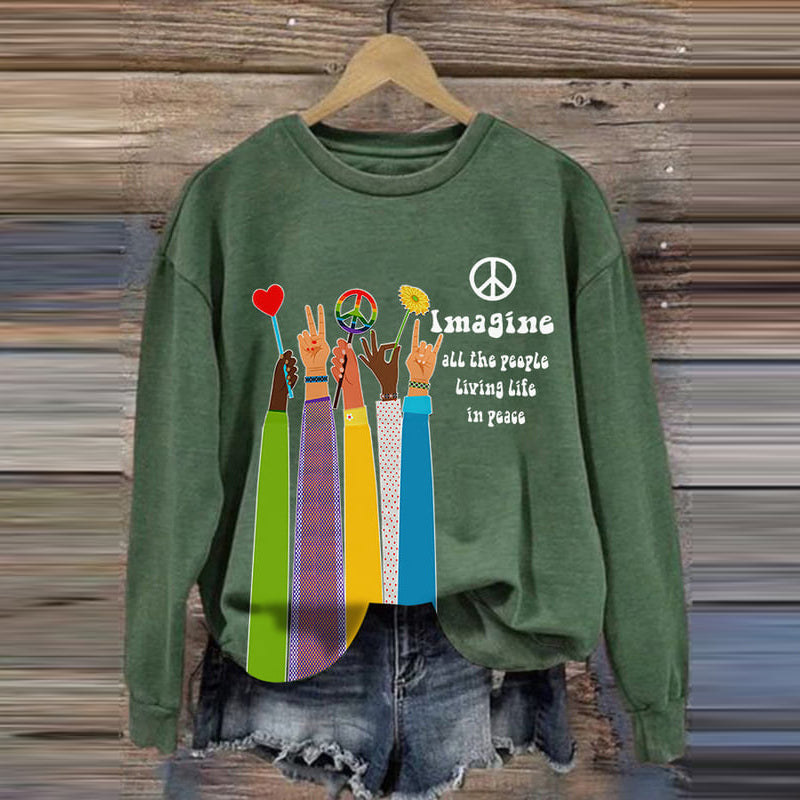 Comstylish Retro Hippie Imagine All The People Living Life In Peace Print Sweatshirt