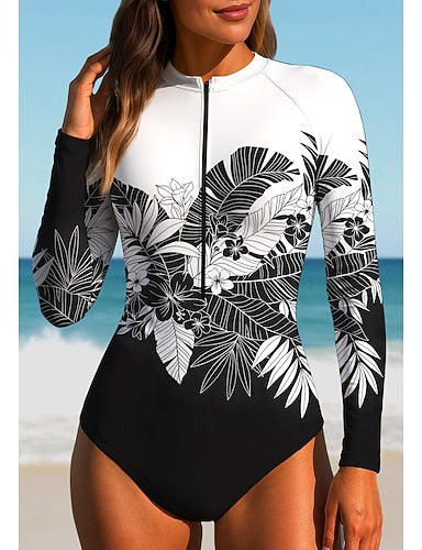 Rash Guard Dive Skin Suit Bathing Suit Athletic Swimwear Tropical Zip Up Upf50+ Quick Dry Lightweight Long Sleeve Swim Shirt Surfing Beach Water Sports Summer