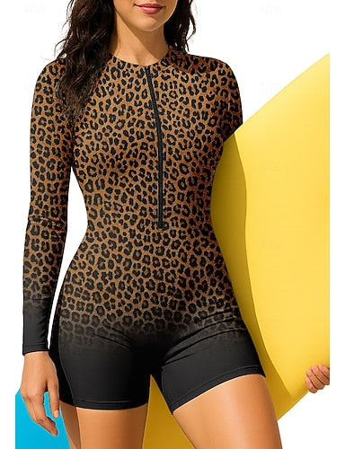 Rash Guard Bathing Suit Boyleg Leopard Zip Up Removable Pad Front Zip Uv Sun Protection Upf50+ Ultra Light (ul) Long Sleeve Swimwear Sun Shirt Surfing Beach Water Sports Summer