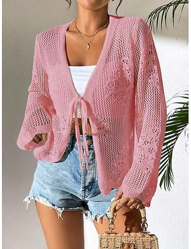 Swimwear Cover Up Rash Guard Swimsuit Tie Front Cut Out Vacation Beach Wear Plain V Neck Long Sleeve Bathing Suits