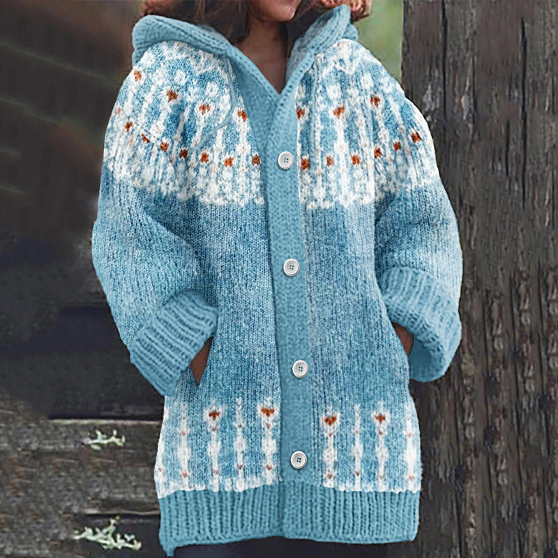 Retro Snowflake Inspiration Icelandic Cozy Hooded Knitted Cardigan elevenforest