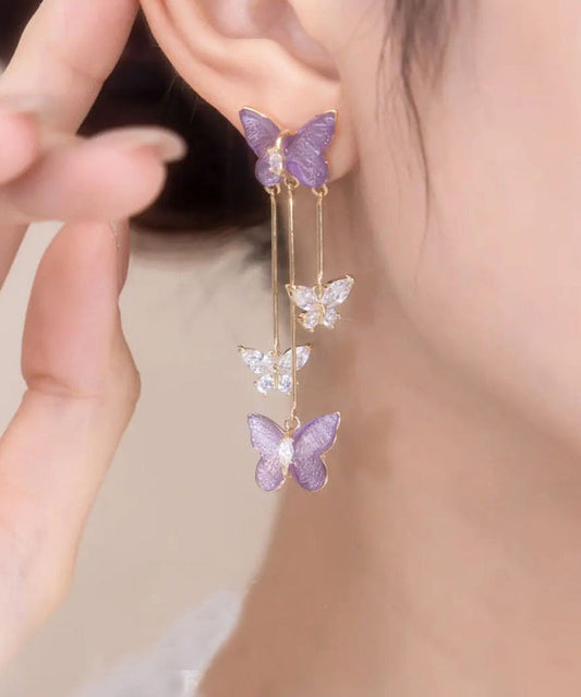 Purple Lloy Zircon Crystal Butterfly Tassel Drop Earrings